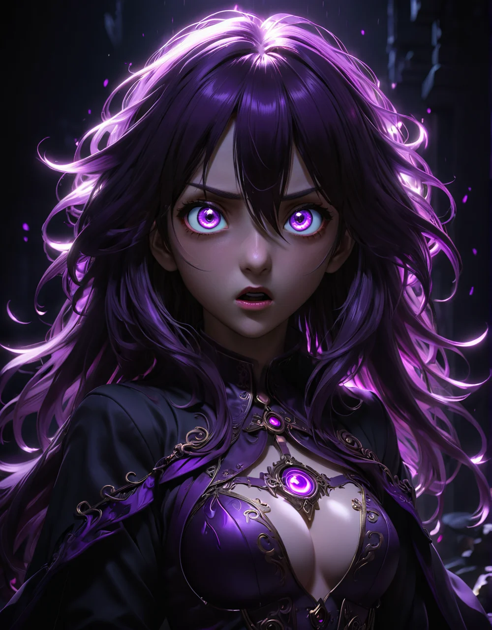 Anime girl with glowing purple eyes, 3D rendering, surprised expression, dark atmospheric scene, detailed clothing and accessories, realistic textures, dramatic and dynamic lighting, high detail, flowing hair, traditional anime aesthetic, high contrast, cinematic effect
<lora:zavy-cntrst-sdxl:1> dark, chiaroscuro, low-key