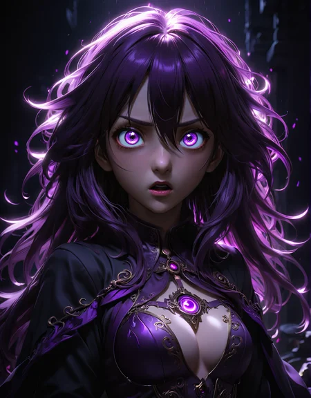Anime girl with glowing purple eyes, 3D rendering, surprised expression, dark atmospheric scene, detailed clothing and accessories, realistic textures, dramatic and dynamic lighting, high detail, flowing hair, traditional anime aesthetic, high contrast, cinematic effect
<lora:zavy-cntrst-sdxl:1> dark, chiaroscuro, low-key