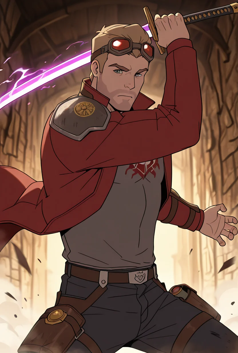 <lora:starlord-10:1> starlord, 1boy, dirty blonde hair, red jacket, gray shirt, short hair, open jacket, looking at viewer, goggles on head, head goggles, , ((long red coat,)), torn clothes, , black jeans, holding purple sword,  ((  shoulder plate,)), loose belt, black necklace, samurai aesthetic, shirt print, dynamic pose, masterpiece, best quality, amazing quality, very aesthetic, absurdres, newest,