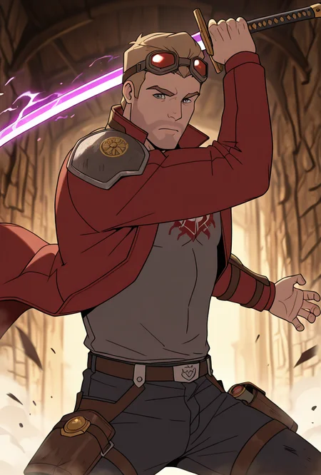 <lora:starlord-10:1> starlord, 1boy, dirty blonde hair, red jacket, gray shirt, short hair, open jacket, looking at viewer, goggles on head, head goggles, , ((long red coat,)), torn clothes, , black jeans, holding purple sword,  ((  shoulder plate,)), loose belt, black necklace, samurai aesthetic, shirt print, dynamic pose, masterpiece, best quality, amazing quality, very aesthetic, absurdres, newest,
