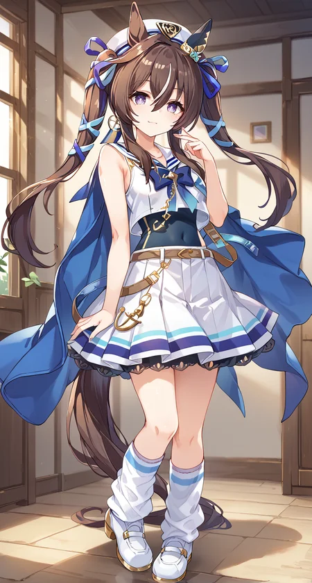 score_9,score_8_up,score_7_up,
official art,official style,game cg,megami magazine,
uncensored,
1girl,
vivlos (umamusume),viv race,
anchor necklace,animal ears,belt,beret,covered navel,
earrings,fingernails,hair between eyes,hair ornament,hat,highres,
horse ears,horse girl,horse tail,jewelry,mole,mole under eye,
necklace,tail,twintails,brown belt,brown hair,long hair,
pleated skirt,purple eyes,sailor collar,sailor shirt,shirt,skirt,sleeveless,sleeveless shirt,white shirt,white skirt,
violet eyes,blue cape,cape,ribbon,ear covers,multicolored hair,
single ear cover,streaked hair,blue ribbon,hair ribbon,loose socks,socks,
standing,full body,
<lora:umamusume_vivlos_pony_v1:1>,
