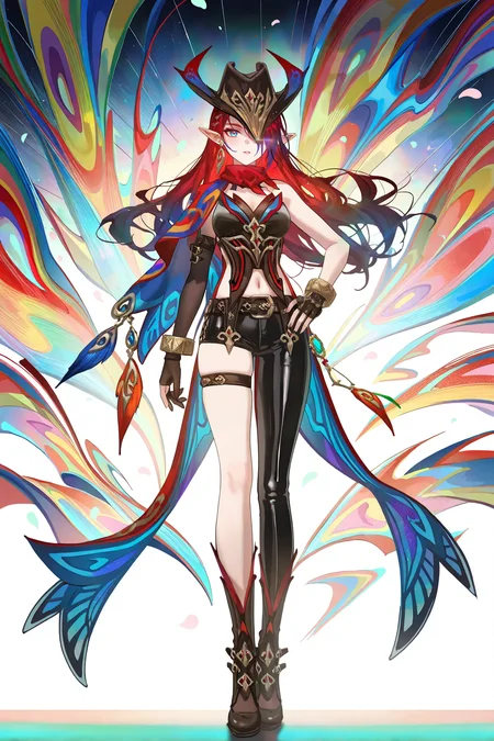 8k, best quality, masterpiece, (ultra-detailed), (high detailed skin), 
((artist:reoen),(artist:fuzichoco),(artist:atdan),(artist:torino_aqua),year 2024:0.8)1girl, [artist:wlop], [artist:ningen_mame], artist:ciloranko, [[artist:rhasta]], artist:tidsean, colorful, detailed light, light leaks, sunlight, bokeh, blurry foreground, ray tracing, lens flare, cinematic lighting, 
full body, full shot, standing, looking at viewer, (solo:1.2), simple background, (white background:1.2), hand on own hip, (white background:1.1), 
<lora:Chasca-noob-Tanger-000014:0.8>, Chasca, Chasca-def clothes, capelet, single pantsleg, blakc corset, 1girl, pointy ears, blue eyes, breasts, hat, jewelry, red long hair, black boots, navel, earrings, bracelet, black asymmetrical fingerless gloves, asymmetrical clothes, hanging ornaments, 
cold face,cool
A full-body portrait of a young girl, standing gracefully, pastel art style, high-key lighting, shoujo manga influence, hd quality, delicate details,