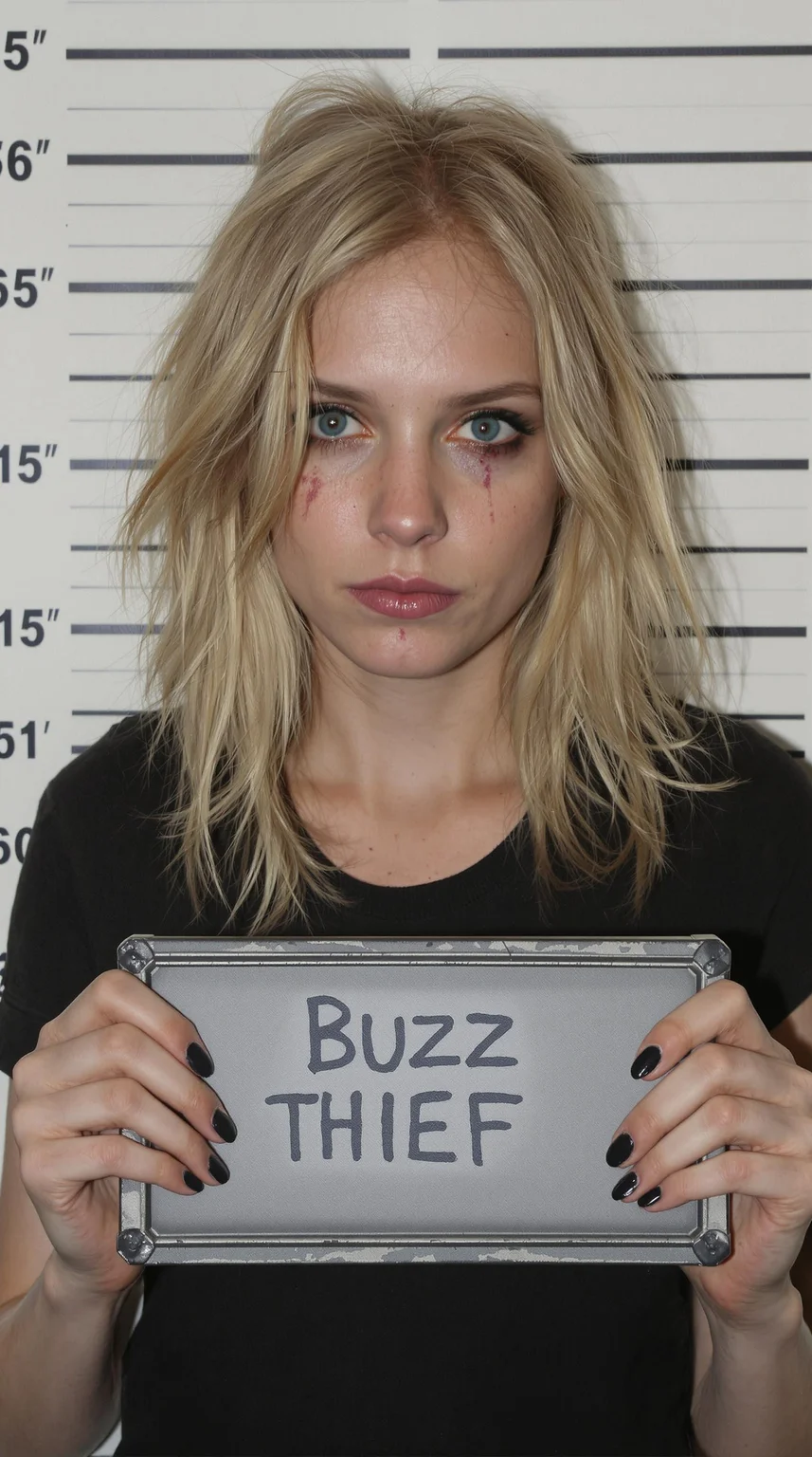 A strikingly beautiful 18 year old woman with shoulder-length blonde hair stands in front of a white police mugshot backdrop, black height markers framing her figure. Her hair is messy, strands falling over her bruised yet delicate face. A faint cut on her lower lip and a dark bruise on her cheek hint at a struggle before capture. Her piercing blue eyes hold a mix of defiance and frustration, as if daring the viewer to judge her.
She wears a snug, slightly worn black t-shirt that contrasts with her pale skin. In both hands, she grips a gray rectangular board labeled "Buzz Thief" in bold, stencil-like font—ironic, given her deceptively innocent face. Her nails are chipped, remnants of black polish adding to her rebellious aesthetic. A subtle smirk threatens to break through her anger, as if she finds amusement in her own arrest.
The police lighting is harsh, flattening shadows and emphasizing every detail of her face. The image is hyperrealistic, focusing on her expressive eyes, bruised yet flawless skin, and the raw tension in her posture. Though caught, she radiates danger, beauty, and mischief—like someone who’s already planning her next escape.