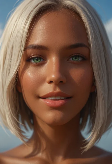 score_9_up, score_8_up, score_7_up, score_6_up, 1girl, 25 years old, perfect face, sexy, adult,
detailed face, portrait, face focus, depth of field, looking at viewer, blush, shy smile, ((close-up)),
(green eyes:1.2),
(dark skin),
white hair, bob cut, parted lips, open mouth,
sky,