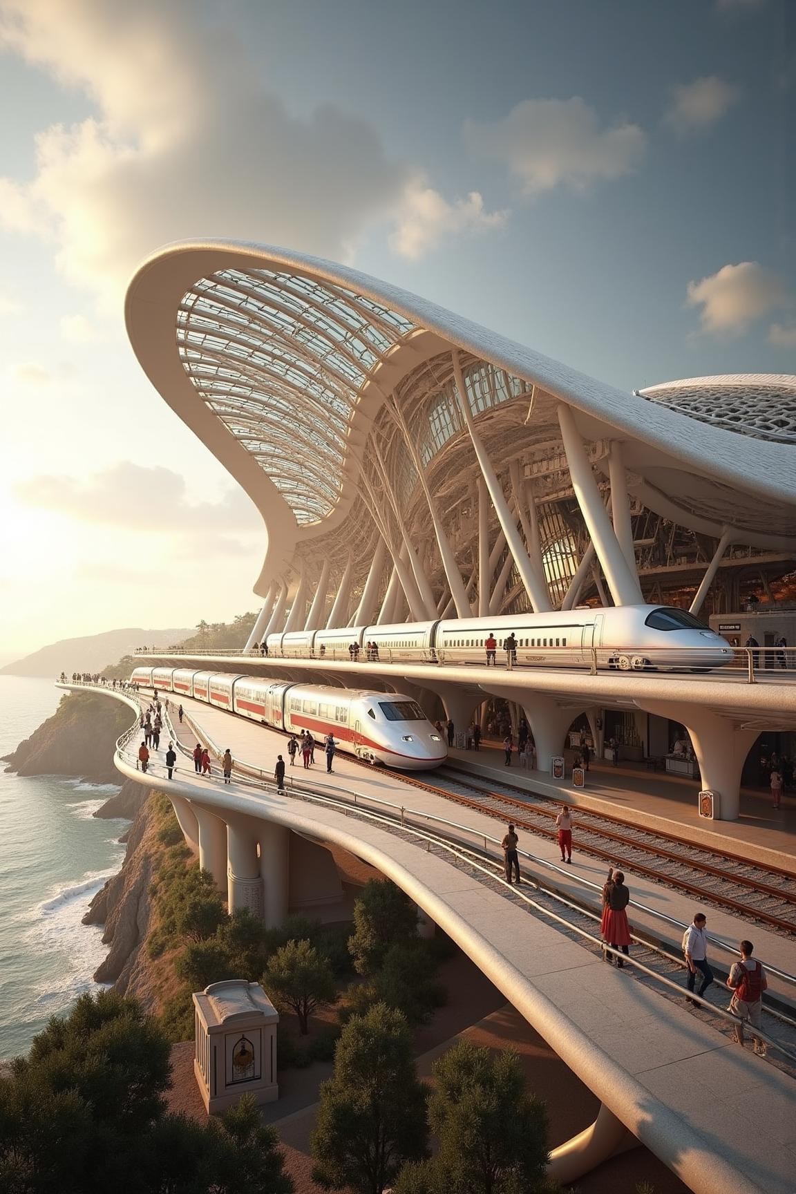 YFG-Sm0rg, Create a detailed and realistic image of a futuristic train station inspired by the architectural style of Santiago Calatrava. The building should have a fluid, organic shape with sweeping curves and undulating lines that evoke a sense of movement and dynamism.
The structure's main façade should be dominated by a massive, curved glass roof that appears to float above the platform level, supported by slender, tapering columns that rise from the ground like giant tentacles. The roof should be partially translucent, allowing natural light to flood the interior spaces and casting intricate patterns on the floor.
The train station's overall design should incorporate elements of Spanish culture and Mediterranean modernism, with a mix of materials such as polished stone, gleaming steel, and rich wood accents. Consider adding decorative features like ornate metalwork, sculptural details, or abstract mosaics that reflect Calatrava's affinity for expressive forms.
The train station should be situated in a scenic coastal setting, overlooking the ocean and surrounded by lush vegetation. The viewing angle should be from a slight elevation, about 20-30 feet above ground level, to emphasize the structure's verticality and sense of grandeur.
In terms of lighting, capture the image during late afternoon or early evening when the sun casts long shadows across the platform and creates an opportunity for dramatic contrasts between light and dark. The sky above should be a warm, golden hue with wispy clouds adding texture and depth to the scene.
The subject matter should include passengers milling about on the platform, some waiting at the entrance while others hurry to catch their trains. Incorporate details like luggage carts, ticket machines, and vending stands to create a sense of activity and movement within the station.
Finally, capture the train itself as it emerges from one of the platforms, with its sleek, aerodynamic shape glinting in the sunlight as it prepares to depart for its next destination. Consider adding a few subtle animations or effects to convey a sense of energy and dynamism, such as steam billowing from the engine or the wheels spinning as they gather momentum.
Image style: photorealistic, with attention to textures, patterns, and lighting effects that would be difficult to achieve in real life. Avoid any hint of digital distortion or unnatural colors; aim for an image that feels like it could have been taken by a high-end photographer using state-of-the-art equipment.