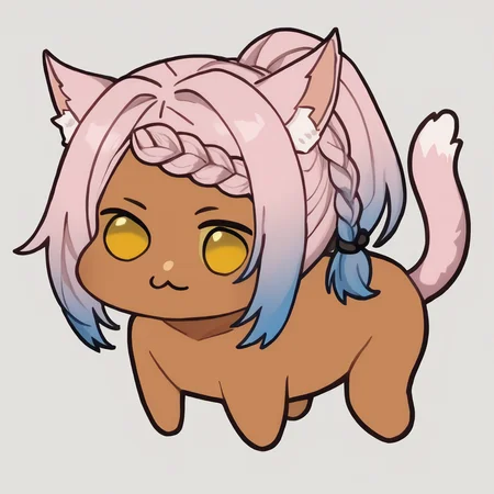 score_9, score_8_up, score_7_up, 1girl, eutropernd, dark-skinned female, yellow eyes, slit pupils, animal ears, medium hair, two-tone hair, gradient hair, side braid, single braid, ponytail, pink tail, cat tail,
eutropemain, headpiece,
<lora:Doro_X_PDXL_V1:1.0>, doro, creature, :3, chibi, no humans, four legs, solid circle eyes, no pupils, all fours, solo,
simple background, white background,
<lora:Wicked-Thunder-Eutrope-PDXL_V1-Manityro-CAME:1.0>,