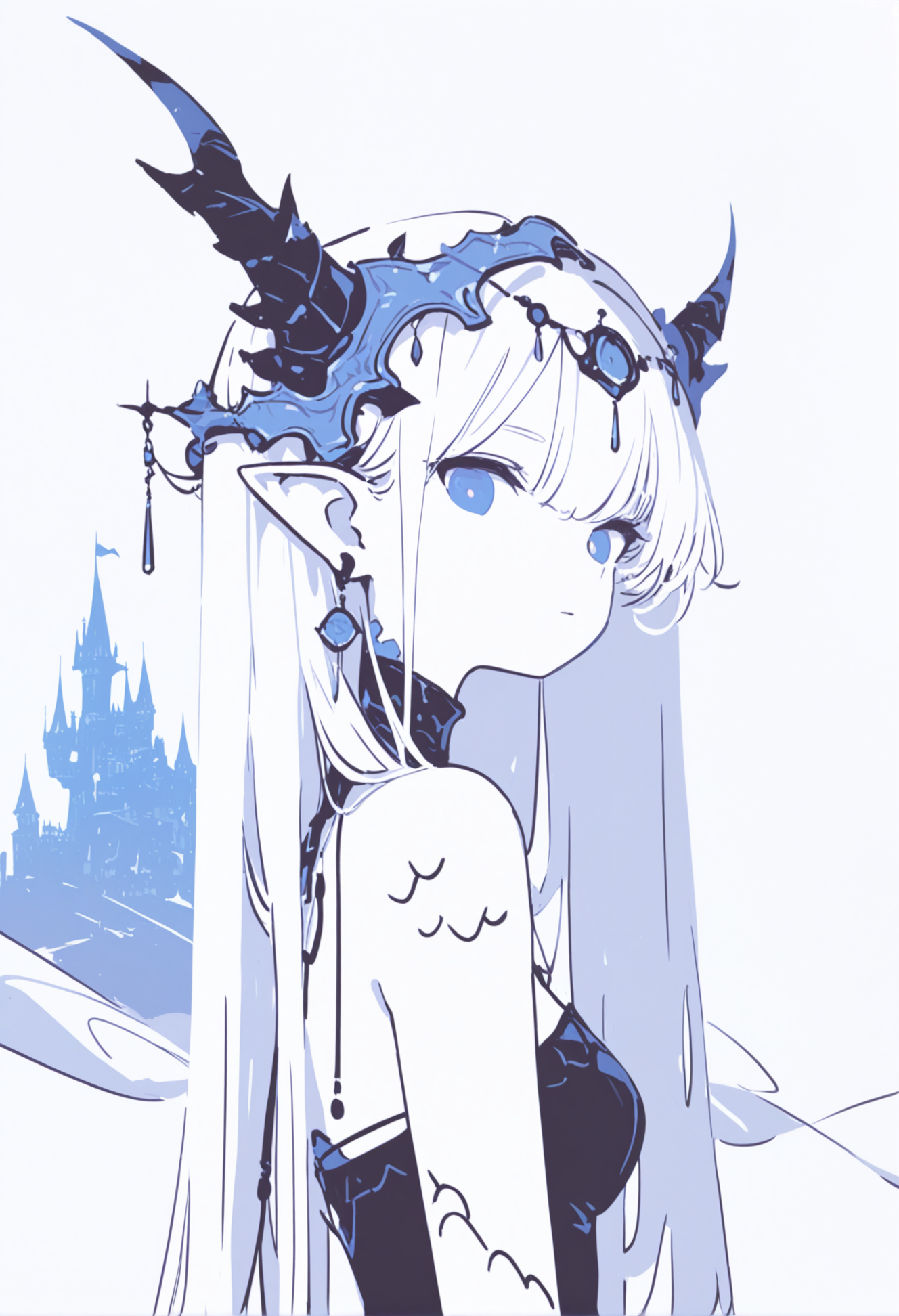 masterpiece, best quality, newest, highres, absurdres,focused subject,no lineart, no outline, detailed, 1girl, solo, long hair, looking at viewer, blue eyes, simple background, white background, closed mouth, jewelry, bare shoulders, upper body, white hair, earrings, horns, pointy ears, colored skin, arms at sides, headpiece, scales, castle, (monochrome, negative space, blending, white theme, minimalism),from side