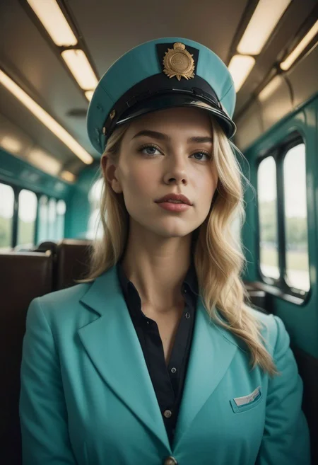 a beautiful woman on a train perfect blonde hair, (modern photo, train conductor uniform, train conductor hat:1.1), 24mm, (analog, cinematic, film grain, hazy atmosphere:1.3), ((plain tiffany blue background, jazz club:1.2)), detailed eyes, (seductive), (epicPhoto), (looking at viewer), (cinematic shot:1.3), PA7_Portrait-HL_v2
,epiCPhoto, PA7_Portrait-HL_v2, zoya, yacht