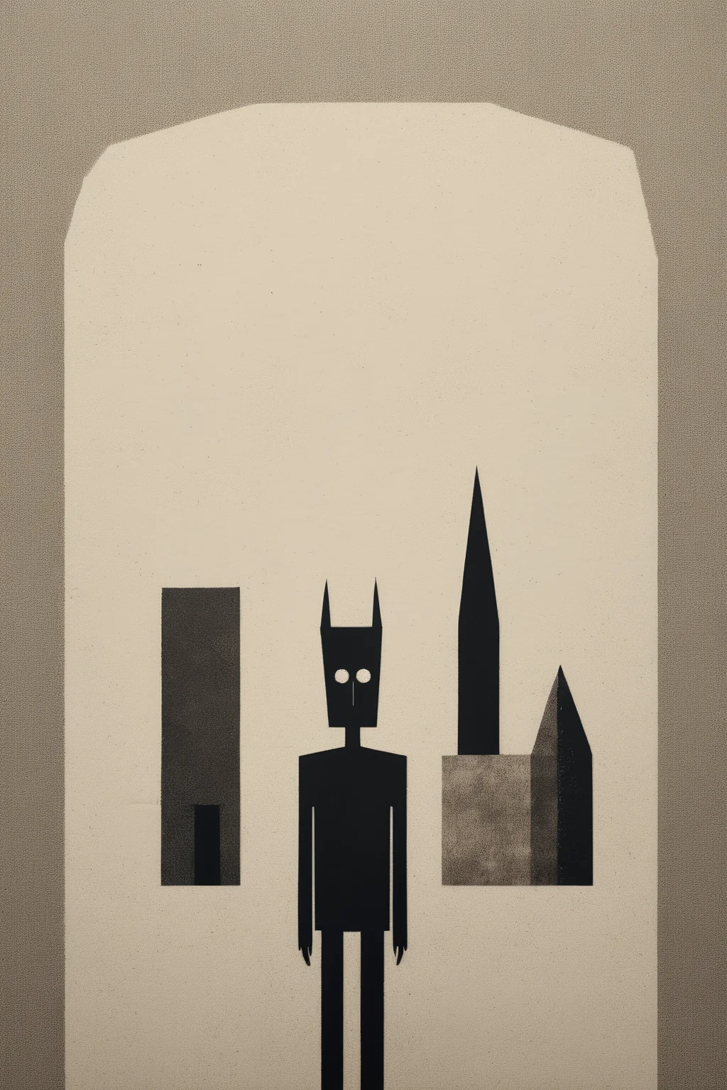 <lora:Gabriel Pacheco Style:1>Gabriel Pacheco Style - a minimal texture design with a dark figure in various buildings. Grainy paper texture