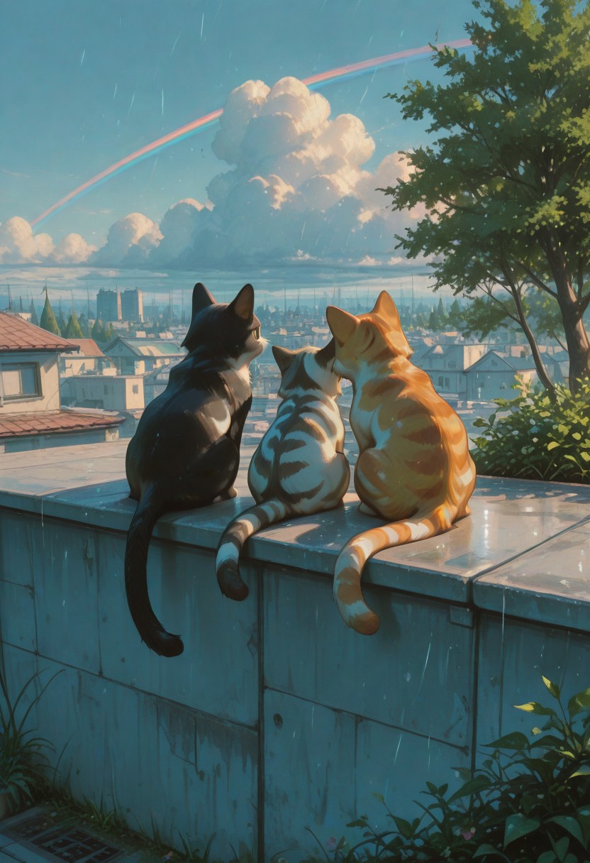 rain, rainbow, multiple cats, domestic cat, four cats, orange tabby cat, calico cat, black tabby cat, white tabby cat, striped kitten,
on rooftop, sitting in a row, back view, tail hanging down, tail down,
sunny day, soft shadows, warm lighting, vibrant colors, slice of life, serene_mood,
bluesky, white clouds, urban rooftop, concrete wall, plants in foreground, tree, open air, peaceful afternoon,   
masterpiece, amazing quality, best quality, scenery, painterly, anime coloring