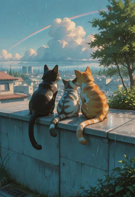 rain, rainbow, multiple cats, domestic cat, four cats, orange tabby cat, calico cat, black tabby cat, white tabby cat, striped kitten,
on rooftop, sitting in a row, back view, tail hanging down, tail down,
sunny day, soft shadows, warm lighting, vibrant colors, slice of life, serene_mood,
bluesky, white clouds, urban rooftop, concrete wall, plants in foreground, tree, open air, peaceful afternoon,   
masterpiece, amazing quality, best quality, scenery, painterly, anime coloring