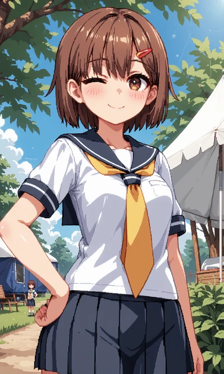 score_9, score_8_up, score_7_up, BREAK source_anime, masterpiece, anime screencap, shiny skin, official style, illustration,
8k, highres, incredibly_absurdres,
insanely detailed, anatomically correct, best perspective,
<lora:Aduare Style Pony:0.35>,
pixel art,
1girl, (Beautiful Breasts, natural breasts:1.2),
smile, one eye closed ,
selfiemirror,
from below,
sharp focus, colorful,
blush, Drunk ,
facing viewer ,
hand on own hip ,
standing ,
short hair, flat chest, brown eyes, hair ornament, brown hair, hairclip, bangs,
school uniform, skirt, serafuku,short sleeves,yellow neckerchief, pleated skirt, black skirt, shirt, sailor collar,
In the park, in the woods, in a tent,
<lora:Summer_Memoriesãã¾ããã¼_Doujin_OtomeHentai_Game_Art_Style:0.85>