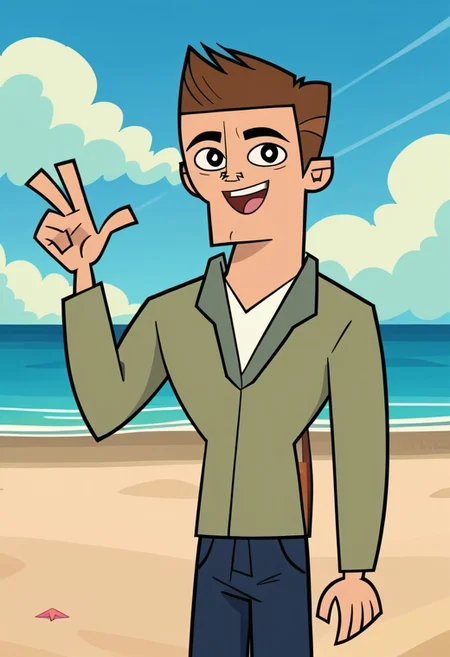 Score_9, cartoon source, toon source, DON, 1boy, solo, Brown hair, black eyes, thin eyebrows, black pupils, round pupils, light green shirt, white shirt, blue pants, happy, beach, blue sky, sunny.