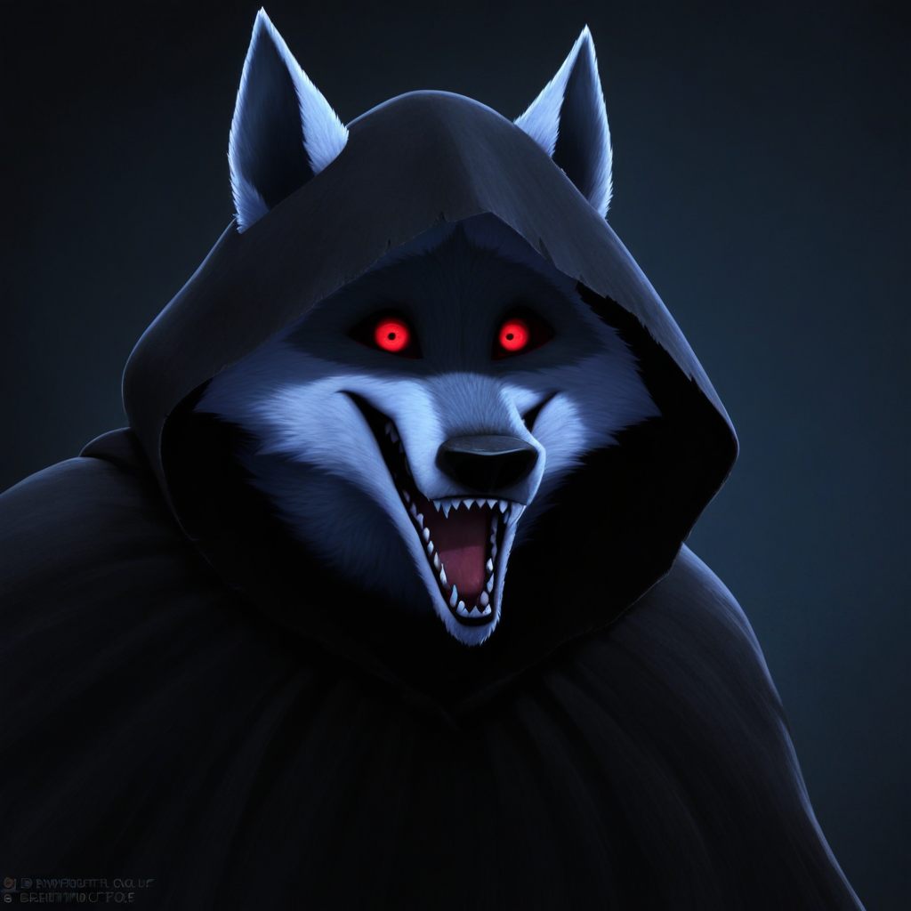deathWolf, wolf, furry, 1boy, solo, white fur, cloak, hood, hood up, red eyes, open mouth, sharp teeth, scary