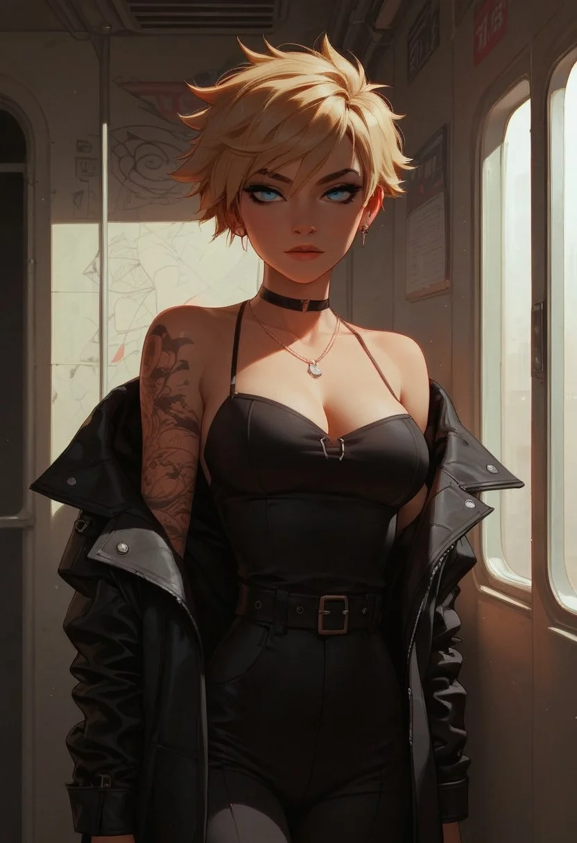 score_9, score_8_up, score_7_up, score_6_up, a woman, blue eyes, short hair , tomboy Hairstyle, blonde Hair , perfect face, perfect eyes, tall, slim, sexy girl, beautiful eyes, posing, dynamic angle, standing, black suit, black Shirt, jacket, jacket off one shoulder, flirting, sensual, big boobs, cleavage, slim, black suit, tattoos, subway, graffitti, neon