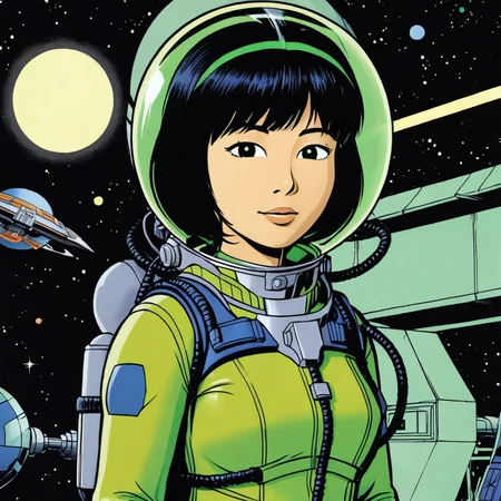 masterpiece, best quality, ultra_detailed, highres, absurdres, yoko tsuno <lora:yoko_tsuno-xl-v2-000014:0.55>, 1girl, short black hair, hairband, green space suit, green gloves, lama scuba helmet, solo, (light smile:0.36), (close up, portrait:1.25), looking at viewer, simple background, black background, graphic novels illustration, 1990s \(style\), traditional media, retro artstyle, futuristic, science fiction, (intricate details, extremely detailed:1.15), (ultrahigh resolution textures), (volumetric, cinematic) lighting, <lora:lama_scuba_helmet-xl-v2-000012:0.35>