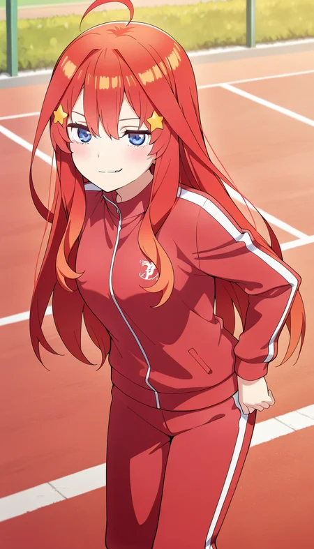 masterpiece, best quality, very aesthetic, absurdres,
solo, 1girl,
itsuki, blue eyes, hair between eyes, red hair, long hair, star hair ornament,
smirk,
track suit, red track jacket, red track pants,
outside,