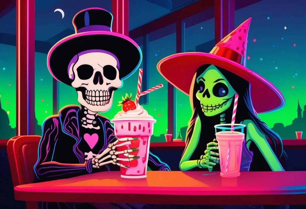 Cute skeleton wearing a party hat, holding a strawberry milkshake with a big straw in it, sitting with a cute witch girl who also has a big strawberry milkshake, in a neon green night-time low-lit american diner
