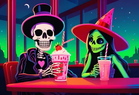 Cute skeleton wearing a party hat, holding a strawberry milkshake with a big straw in it, sitting with a cute witch girl who also has a big strawberry milkshake, in a neon green night-time low-lit american diner