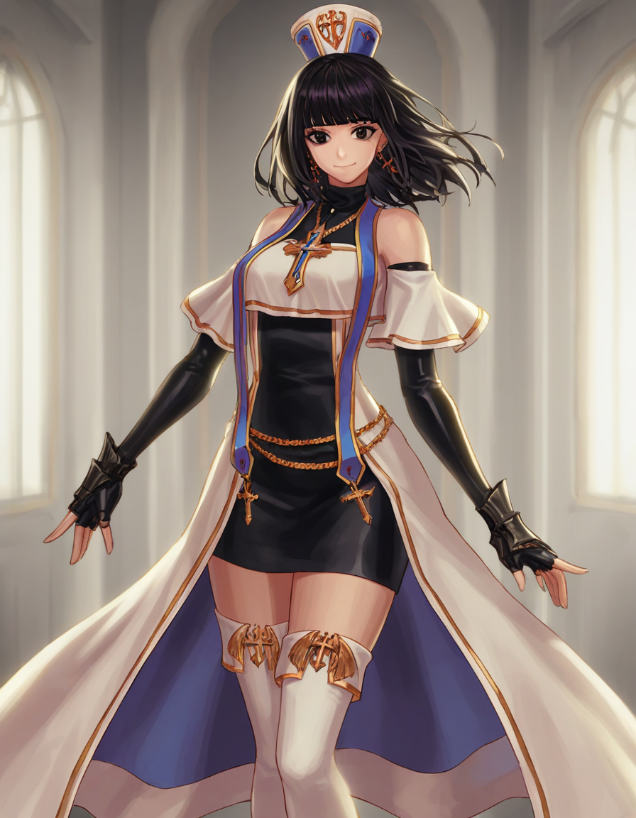 masterpiece,best quality,1girl,STANDING,cowboy shot,black eyes,looking at viewer,closed mouth,smile,indoors,<lora:nmpix___simulate:0.8:LBW=KEEPCHAR>,yjnaima1,hat,MEDIUM hair,messy hair,black hair,bangs,blunt bangs,jewelry,earrings,cross,breasts,dress,black skirt,pencil skirt,WHITE coat,black gloves,fingerless gloves,elbow gloves,detached sleeves,short sleeves,bare shoulders,white thighhighs,high heels,