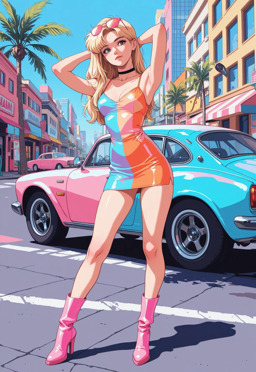 masterpiece, best quality, 8k, highres, anime coloring, pastel colors, vibrant colors, neon aesthetic, 90s miami aesthetic, 1girl, solo, long hair, blonde hair, black highlights, windswept hair, hair behind ear, loose hair strand, pink sunglasses, choker, neon dress, orange dress, short dress, tight dress, sleeveless dress, pink boots, high heel boots, fashionable, posing, arms behind head, standing, spread legs, confident expression, head tilt, urban, palm trees, street, daytime, sunny, clear sky, pastel buildings, retro car, colorful, bright lighting, high contrast, fashion shoot, fashion model, summer, looking at viewer, eye-level view