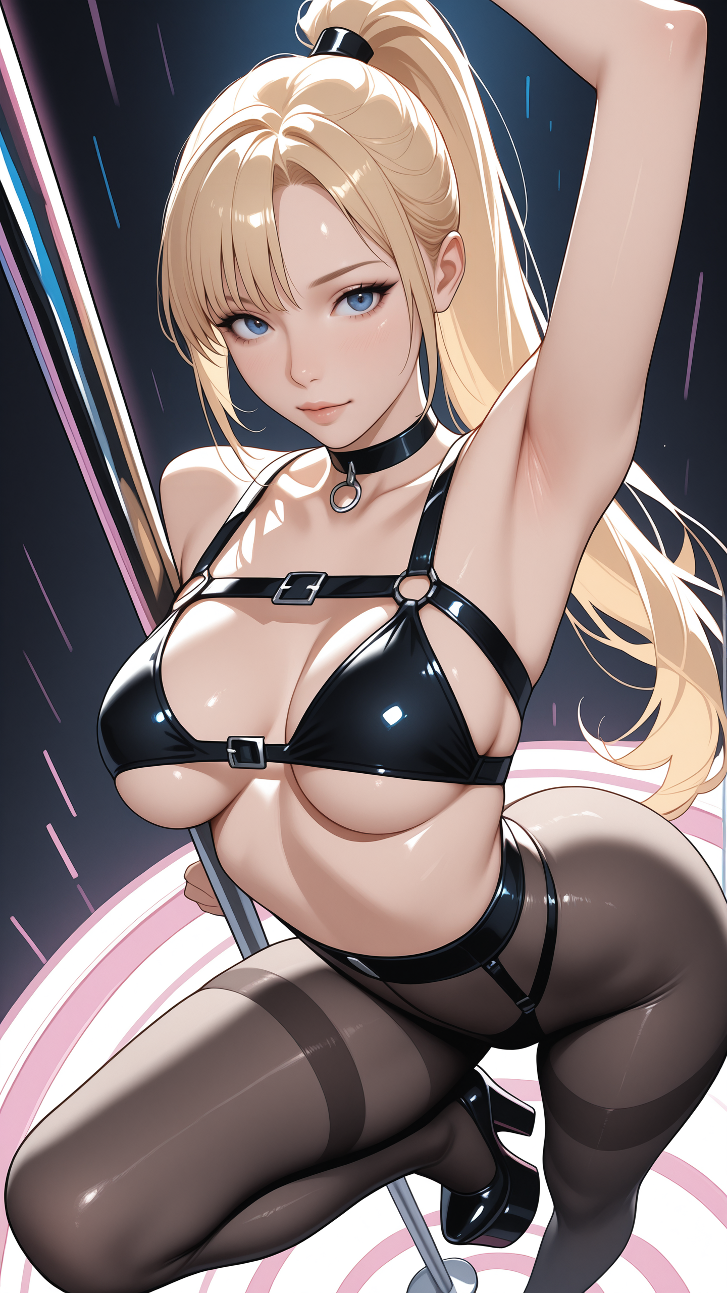 masterpiece, best quality, high resolution, very aesthetic, absurdres, newest, professional, high-quality, hyper-realistic, portrait of a woman, looking at viewer, detailed eyes, realistic body, 
woman, blonde, ponytail, looking at viewer,
pole dancing,
rvnss, underboob, black harness, pantyhose, highwaist thong, platform shoes, choker,
high angle, front view, moddy lighting, neon colors, dark background,  neon back lighting <lora:raveness:1>
