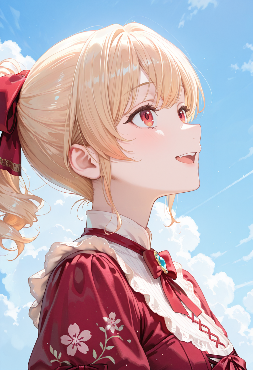 1girl, solo, lazypos, anime-style digital drawing, (close-up:1.5),
soft pastel colors, detailed and delicate, whimsical and dreamy, soft shading, detailed textures,
gentle and innocent expression, intricate and ornate, elegant and charming, 
anime girl, delicate and feminine, soft and gentle colors.
day, clouds, blue sky, looking up, from side,
<lora:kaelaIL:0.35> kaelaIL, blonde hair, ponytail, red eyes, half open mouth, happy smile,
<lora:TRT(Illust)0.1v:0.5>
<lora:PHM_style_IL_v3.3:0.5>
<lora:Victorian_Whim_Velvet_Dress:1> Victorian_Whim_Velvet_Dress, long dress, red dress, frills, red bow, red ribbon, floral print, cross-laced clothes