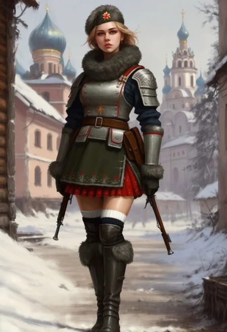 beautiful slim large-breast young heavy-armor female Russian soldier, skirt, long socks, boots, digital painting in jrst artstyle