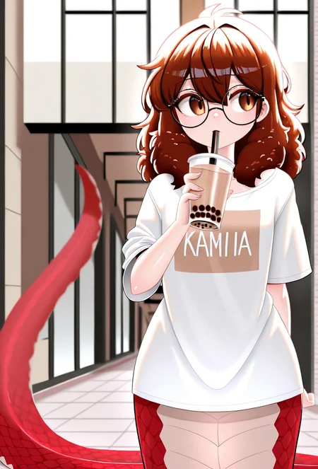 masterpiece, best quality, absurdres, 1girl, solo, <lora:Kasniff_r1:1>, Kasniff, lamia, brown hair, fluffy hair, brown eyes, glasses, red tail, graphic t-shirt, oversized shirt, outdoors, mall, holding bubble tea, drinking, looking to the side
