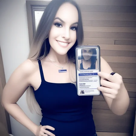 id card, a black and white photo of her face, serious look on face, with a wooden wall behind her, long hair, mirror in background, necklace, taking a selfie in a bathroom mirror with a cell phone in her hand, looking at the camera with a slight grin, black tank top, wearing black camisole, hat, wearing white shirt, wearing a black shirt, looking at the viewer with a serious look on her face