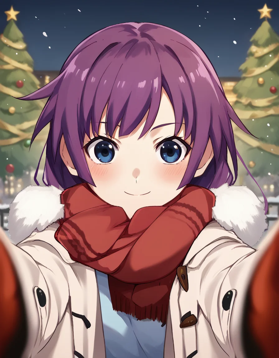 score_9, score_8_up, score_7_up, source_anime, <lora:hitagi-senjougahara-anime-ponyxl-lora-nochekaiser:1>, senjougahara hitagi, bangs, long hair, blue eyes, purple hair, medium breasts,, <lora:pov-cheek-warming-ponyxl-lora-nochekaiser:1>, pov cheek warming, pov cheek warming (meme), winter gloves, duffel coat, fur-trimmed scarf, winter clothes, red mittens, meme, winter coat, red scarf, fur-trimmed coat, reaching towards viewer, reaching, mittens, fur-trimmed hood, white coat, open coat, scarf, coat, red gloves, snowing, pov, fur trim, depth of field, smile, blush,, christmas, christmas tree, christmas lights,,