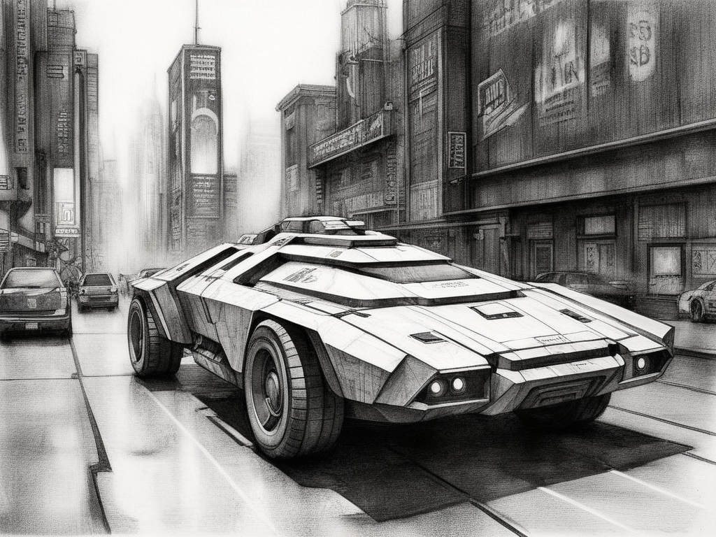 robotic scifi vehicule, cyberpunk cityscape<lora:A_Graphite_Style:1> graphite_charcoal, outline, sketch, (bold srokes), paper grain, traditional media,