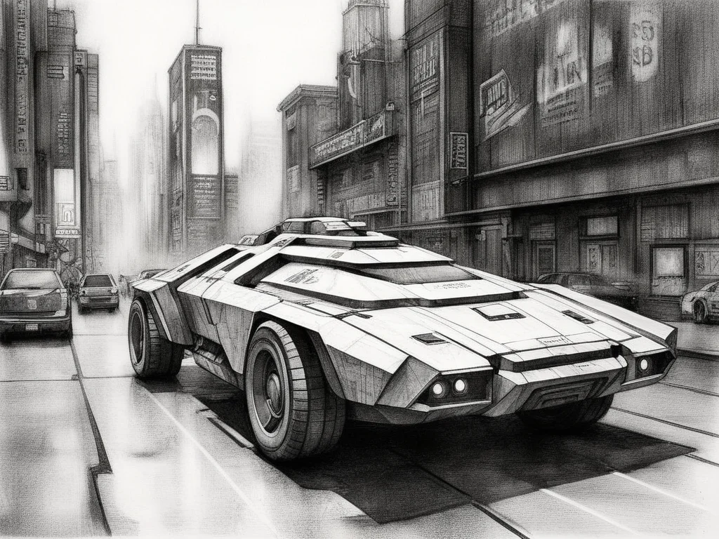 robotic scifi vehicule, cyberpunk cityscape<lora:A_Graphite_Style:1> graphite_charcoal, outline, sketch, (bold srokes), paper grain, traditional media,