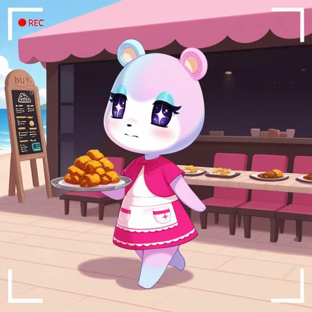 best quality, masterpiece, Full Body, Romantic, Small, Body, Furry, judyac, animal crossing, 1girl, solo, furry, bear, two-tone fur, light pink fur, light blue fur, white muzzle, purple eyes, star pupil, blush, blue eyeshadow, pink dress, beach, restaurants, serving food, carry tray, walking, outside lobby, board walk, beach chair, beach table, umbrella, recording, sign of buzz, sign said buzz food menu
