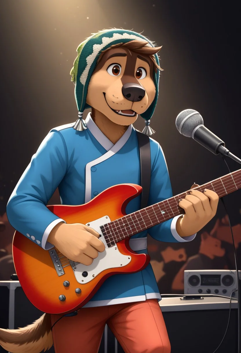 score_9, score_8_up, score_7_up, cartoon_style, ((by BodiPhant0m)), byBodiRDz, 4k, 8k, The best quality, very well drawn, detailed,
high quality, detailed, 4k, high resolution, high quality, high resolution, outdoors, furry character, canine, 2d, solo, 
rockdog, bodi, style rock dog, movie style, style[rockdog], rockdog, male, tibetan mastiff, mastif, dog boy, dog, bodi, Tibetan Mastiff with brown-and-tan fur with tan fur on his muzzle, hands and feet black nose, brown eyes and black trimmed claws, blue Tibetan jacket with a white trim, white cuffs and a white belt, red-orange pants with white cuffs and a green Tibetan beanie cap with locks of his mane poking out from the front,
teeth, blurry background, furry, spotlight, dog, music, guitar, furry_male, playing_instrument, holding instrument, instrument, microphone, furry, dog tail, guitar, microphone_stand, concert,
(sexy), naked, exposed, easynegative, Split Lighting style, partially covered in shadow