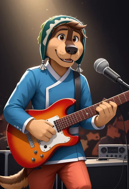 score_9, score_8_up, score_7_up, cartoon_style, ((by BodiPhant0m)), byBodiRDz, 4k, 8k, The best quality, very well drawn, detailed,
high quality, detailed, 4k, high resolution, high quality, high resolution, outdoors, furry character, canine, 2d, solo, 
rockdog, bodi, style rock dog, movie style, style[rockdog], rockdog, male, tibetan mastiff, mastif, dog boy, dog, bodi, Tibetan Mastiff with brown-and-tan fur with tan fur on his muzzle, hands and feet black nose, brown eyes and black trimmed claws, blue Tibetan jacket with a white trim, white cuffs and a white belt, red-orange pants with white cuffs and a green Tibetan beanie cap with locks of his mane poking out from the front,
teeth, blurry background, furry, spotlight, dog, music, guitar, furry_male, playing_instrument, holding instrument, instrument, microphone, furry, dog tail, guitar, microphone_stand, concert,
(sexy), naked, exposed, easynegative, Split Lighting style, partially covered in shadow