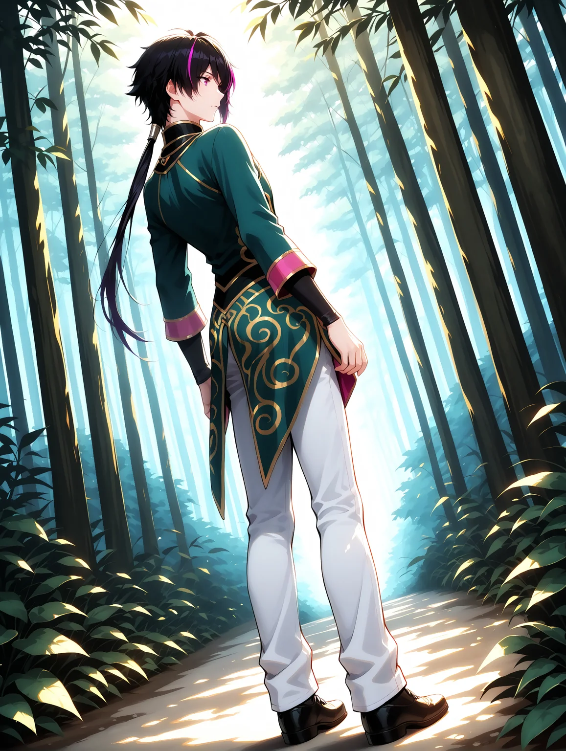 masterpiece, very aesthetic, best quality, solo, amazing quality, 24 years old, imtdlieren, 1boy, male, black hair, chinese clothes, pants, multicolored hair, purple hair, purple eyes, ponytail, low ponytail, long sleeves, streaked hair, white pants, shoes, black footwear, fit body, full body, dynamic angle, forest, from behind, beautiful landscape, detailed background