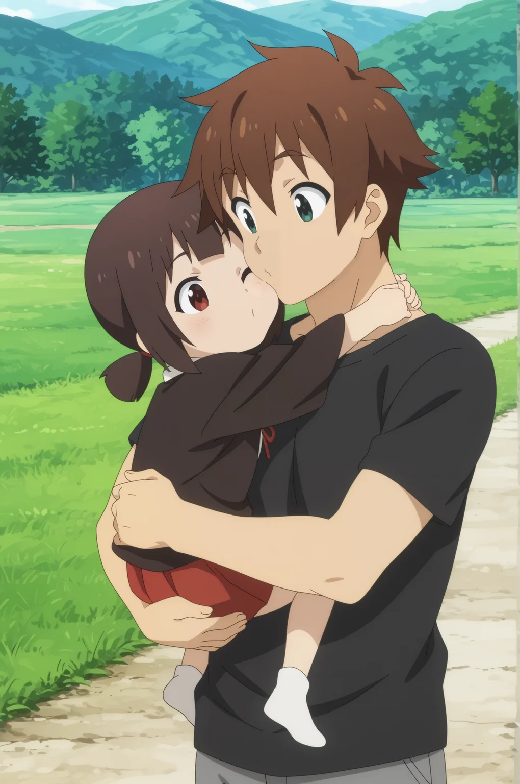 masterpiece, best quality, amazing quality, intricate details, anime screencap, flat colors, duo, size difference, cheek kissing,   1girl, komekko, child girl, shorty, slender, carrying,   1boy, kazuma, adult guy, tall, hug,   outdoors,  <lora:Megumin_komekko_yuiyui_yunyun_kazuma-PDXL_illustrious_v5:1>