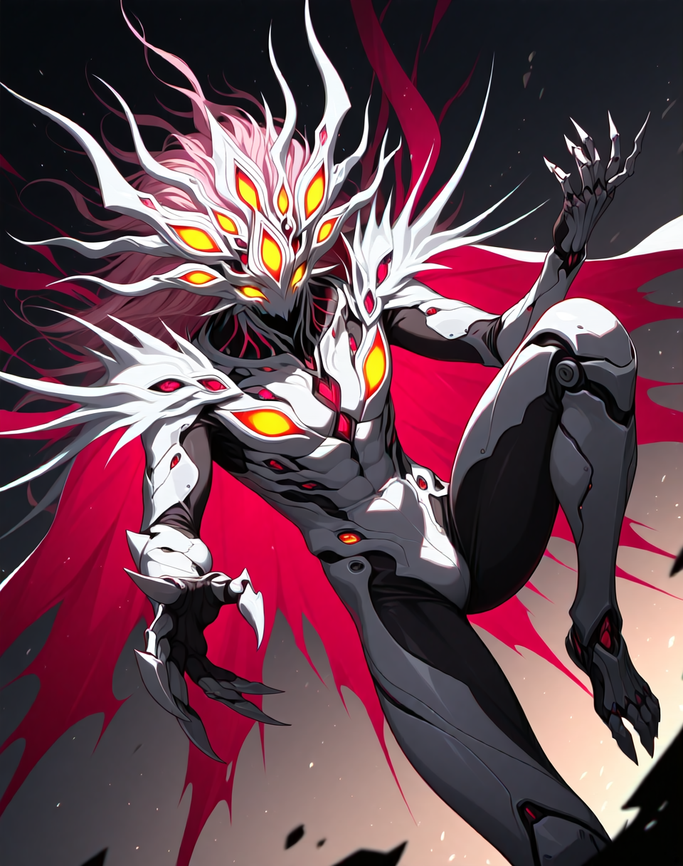 perfect depth of field shot, masterpiece, beautiful, sharp focus, crisp details, 
<lora:Zoalord_(Guyver)_(Illustrious)_(AD):1> Zoalord, Guyver, monster, 
((dynamic action, dynamic perspective, dutch angle, bent knee, cowboy shot, ):1.5), 
((red and white and yellow and pink colored body, wearing a cape, detailed face and eyes, ):1.5), glowing eyes, solo, bioboosted body, biomechanical, end boss, perfect form, perfect proportions, abs, regal and strong, imposing, presence demands respect and deference, gradient style anime coloring,   
BREAK Smooth Quality, IllusP0s, lazyhand, lazympos, lazynsfw,