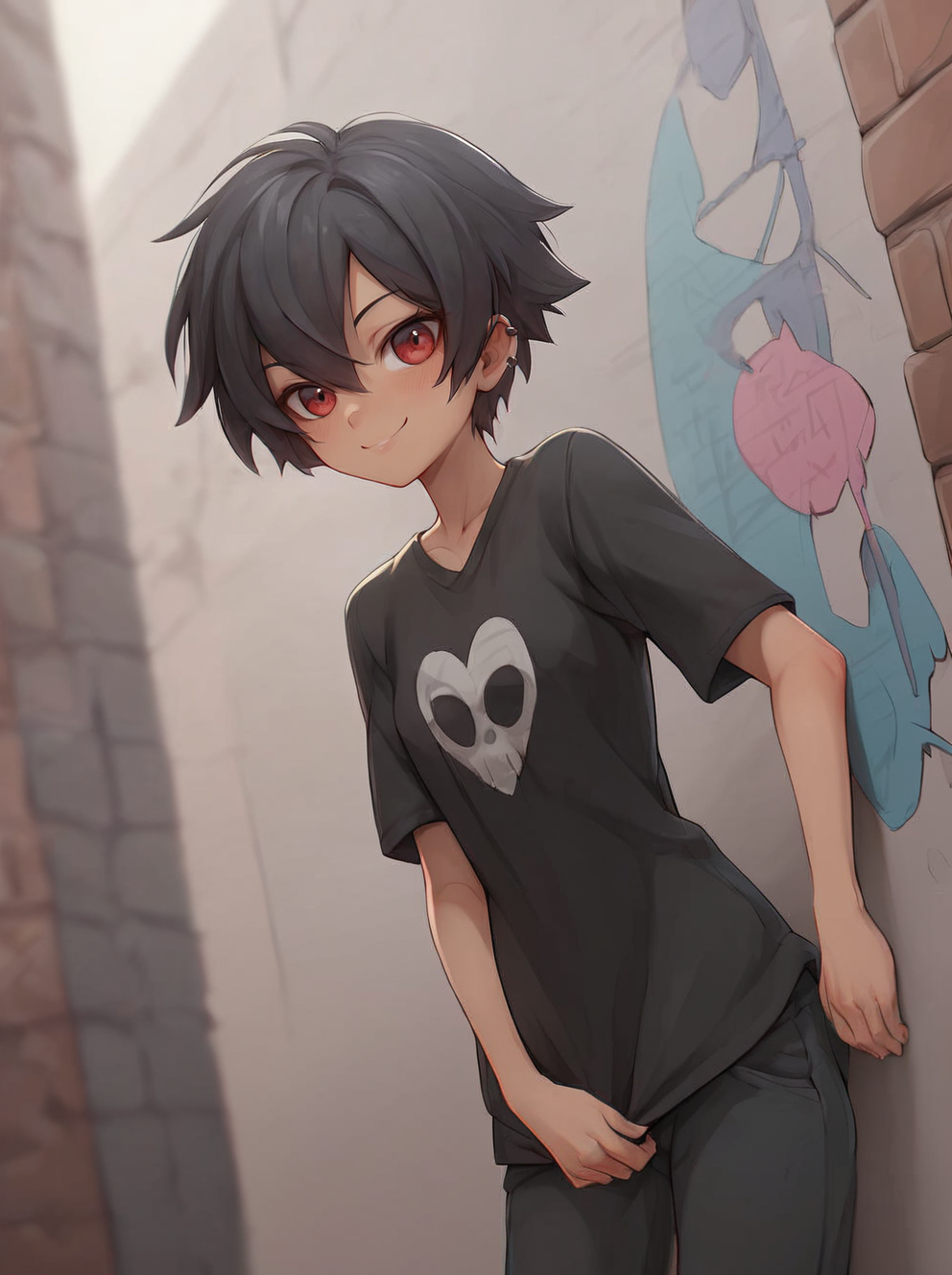score_9, score_8_up, score_7_up,score_6_up, score_5_up, 1girl), source_anime, BREAK, 1girl, sexy, dark black hair, red eyes, hair between eyes, small breasts, few evil smile, makeup, urban graffiti background, black emo outfit