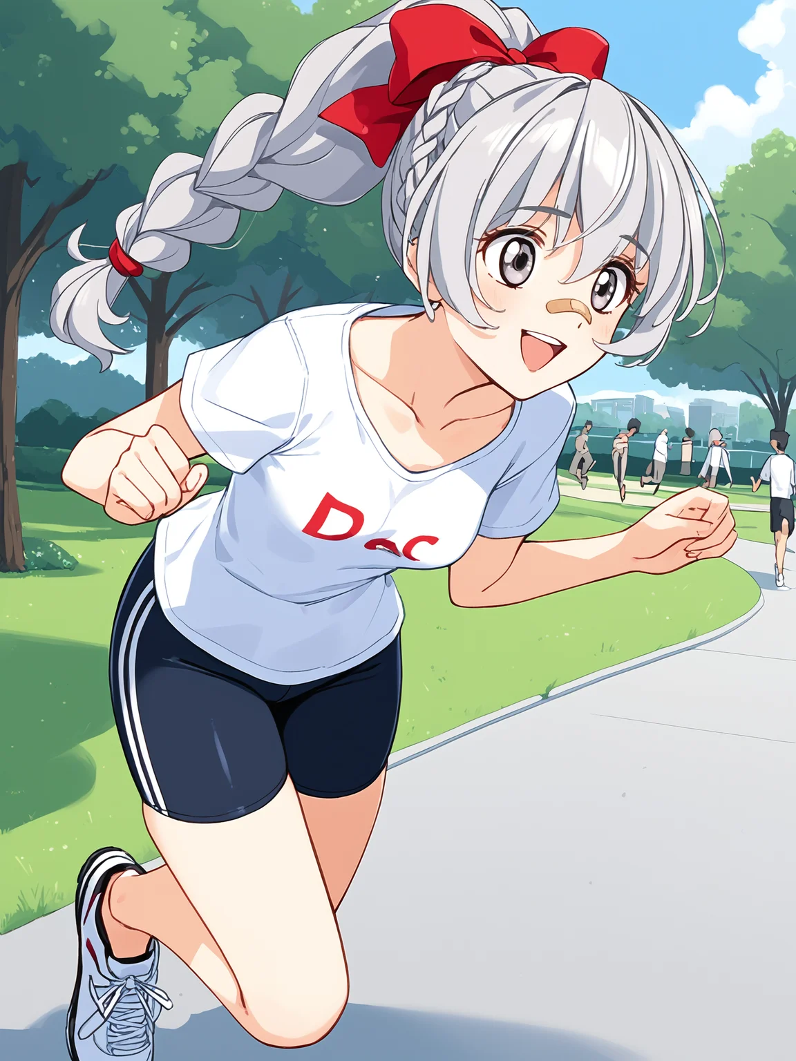 score_9, score_8_up, score_7_up, score_6_up, source_anime, BREAK
1girl, <lora:FMP_Teletha_Testarossa_Pony_v1:0.9>, (ultra-detailed:1.5), (outdoors, park, crowds:1.5), grey hair, grey eyes, bike shorts, (red bow:1.2), (braided ponytail:1.2), bandaid on nose, (white shirt:1.5), (t-shirt:1.5), (collarbone:1.5), (white sneakers:1.2), (jogging:1.5), open mouth, teeth, smiling, (hands up:1.4), small breasts,