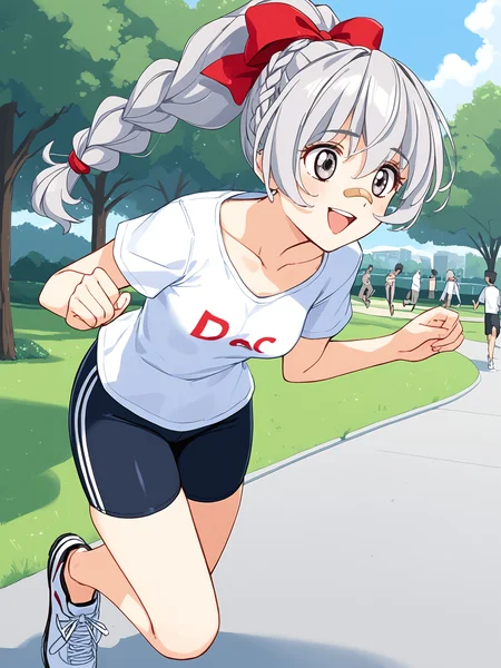 score_9, score_8_up, score_7_up, score_6_up, source_anime, BREAK
1girl, <lora:FMP_Teletha_Testarossa_Pony_v1:0.9>, (ultra-detailed:1.5), (outdoors, park, crowds:1.5), grey hair, grey eyes, bike shorts, (red bow:1.2), (braided ponytail:1.2), bandaid on nose, (white shirt:1.5), (t-shirt:1.5), (collarbone:1.5), (white sneakers:1.2), (jogging:1.5), open mouth, teeth, smiling, (hands up:1.4), small breasts,