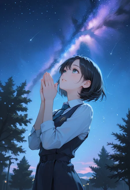 extremely detailed face, detailed eyes, detailed eyelashes, 1girl, solo, (petite body), mature female, slender, blush, medium breasts, facing up, looking to the side, black hair, light smile, looking up, parted lips, delicate hair,
arched back, (from below:1.4), (jumper skirt), school uniform, nin_sly, aisatsu, own hands together, elbows up, own hands together, pastel colors, cool colored, upper body, backlighting,
(hands on near mouth), outdoors, tree, night, night sky, hoshizora, starry sky, star (sky), nebula,
scenery, school, dark, glowing stars, shadow, blurry, tree shade,
masterpiece, best quality, highres, absurdres, 8k, extremely detailed, aesthetic, very aesthetic, perfect anatomy, highly finished, newest,