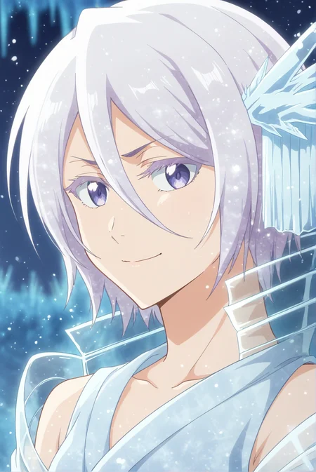 <lora:Rukia_Kuchiki:0.7>,  Rukia Kuchiki, ice princess, white background, upper body, smile, white hair