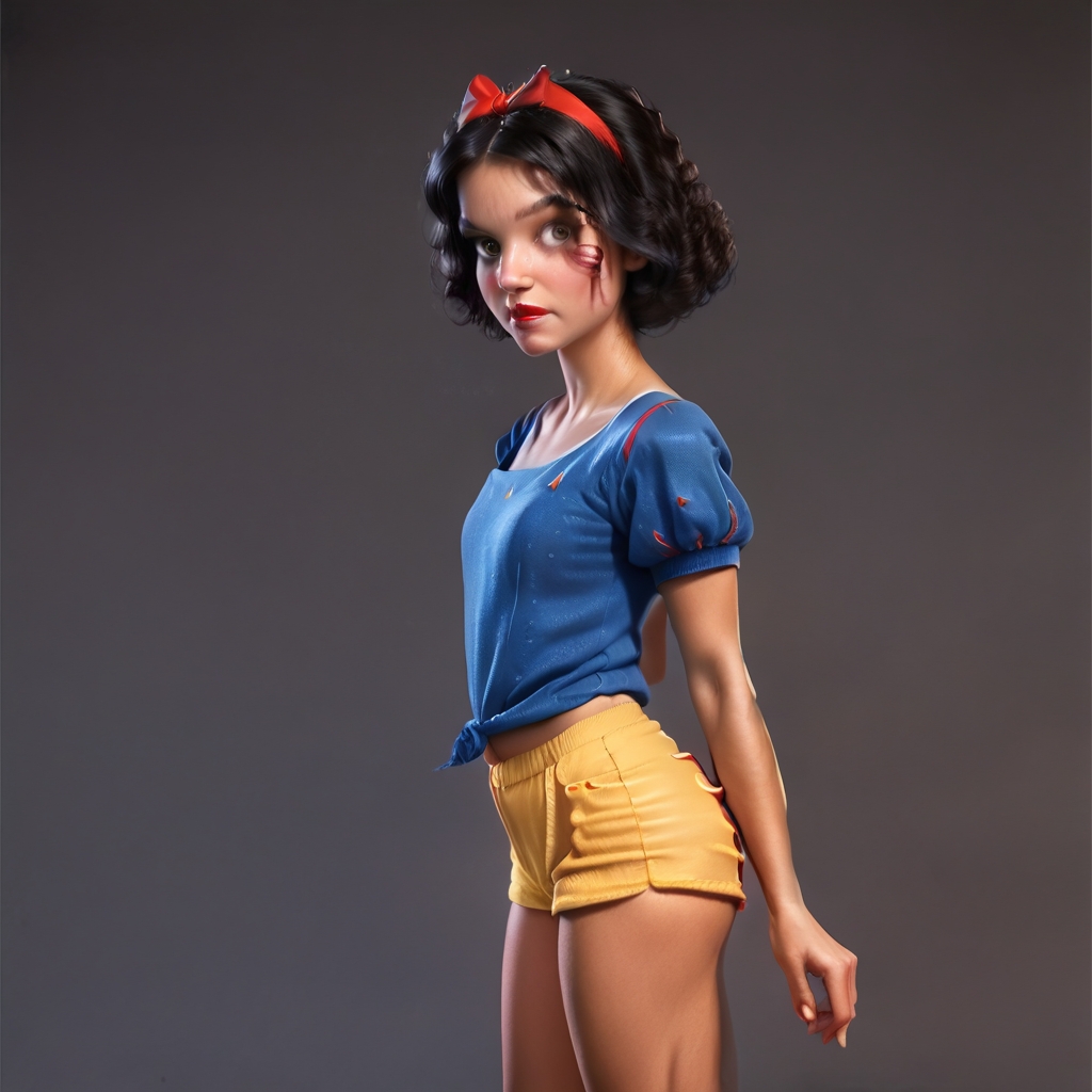 20005l34z3,curly hair,black hair,, american apparell,1girl,solo,shirt,underwear,shorts, score_9, score_8_up, score_7_up, score_6, score_5, score_4, <lora:2000_Indie_Sleaze_AA:0.85>simple background <lora:princess_pony_v1:0.85> princess Snow White <lora:d3t41l3dXLP:0.65> <lora:incase-ilff-v3-4:0.4>
