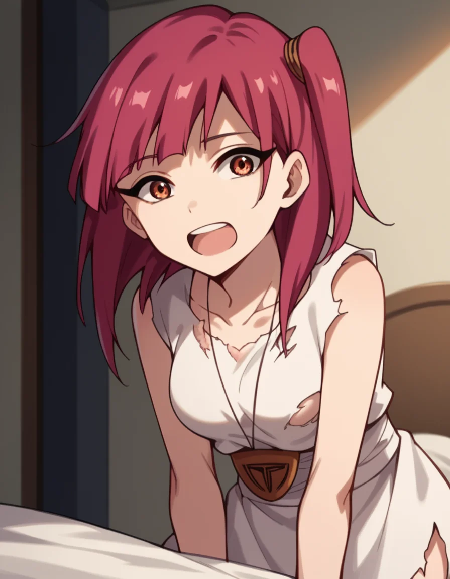 score_9, score_8_up, score_7_up, source_anime, <lora:magi-morgiana-s1-ponyxl-lora-nochekaiser:1>, morgiana, orange eyes, red hair, one side up, medium breasts,, dress, sleeveless dress, collarbone, necklace, torn clothes, torn dress,, bedroom, alarm clock, morning routine, yawning, stretching, on bed,, smile, hands behind back, bent over,, looking at viewer, solo,, dutch angle, cowboy shot