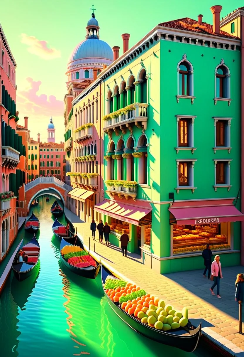 ispzxll, no humans, dioramaplant, isometric, miniature, Chiaroscuro Lighting Style, futuristic soviet-inspired venice building street scene, seaform-green and pale-pink pastel colors, golden hour, long shadows, volumetric lighting style, pedestrian crowds, fruit stands, boats in canals, storefronts, epic architecture, intricate details, potted plants, ultra-detailed, 8k, fluffy clouds