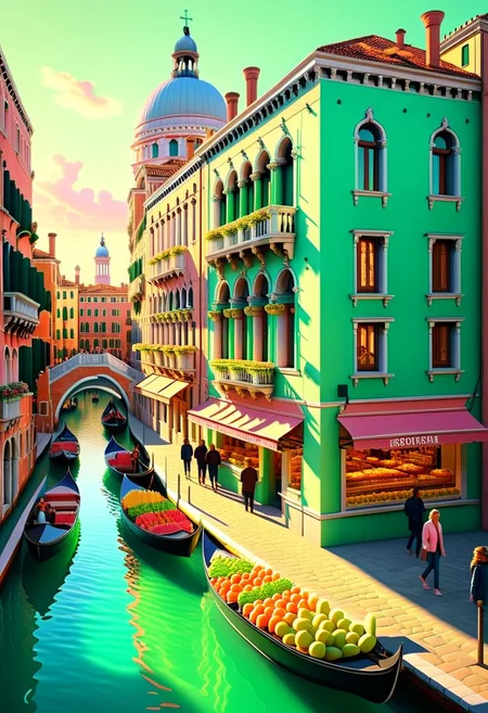ispzxll, no humans, dioramaplant, isometric, miniature, Chiaroscuro Lighting Style, futuristic soviet-inspired venice building street scene, seaform-green and pale-pink pastel colors, golden hour, long shadows, volumetric lighting style, pedestrian crowds, fruit stands, boats in canals, storefronts, epic architecture, intricate details, potted plants, ultra-detailed, 8k, fluffy clouds