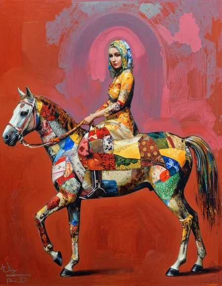 . A painting of a woman riding a horse adorned with colorful patchwork, set against a vibrant red background. the woman, who appears to be in her early twenties, is wearing a traditional dress with intricate patterns and a headscarf, and her face is partially obscured by the fabric. she is seated on the horse's back, with her full body visible as she straddles it. the horse is adorned with a variety of colorful fabrics, including red, blue, yellow, and green, which are intricately designed to create a sense of movement and energy. the background is a mix of red and pink hues, with a subtle texture that adds depth and dimension to the painting. the painting is signed by the artist in the bottom right corner, adding a personal touch to the artwork.