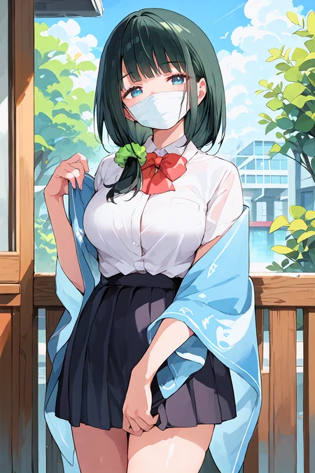 score_9, score_8_up, score_7_up, , score_ANIME, , sssshass, 1girl, , solo,, black hair, surgical mask,, blue eyes,, long hair, shawl, , looking at viewer, black skirt, white shirt, bangs, red bowtie, standing, green hair scrunchie, cowboy shot, large breasts, low side ponytail, <lora:sssshass_pony:0.99>, school, thighs,